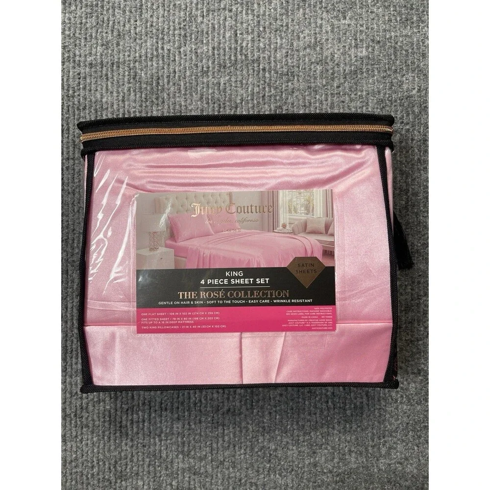 Juicy Couture The Rose Collection KING 4 Piece Satin Sheet Set Soft NEW